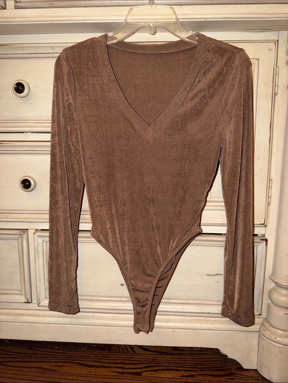 Women's V-Neck Long Sleeve Champagne Brown Bodysuit